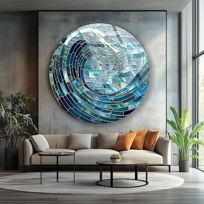 My Photostation.com 39,4''(100cm) Diameter Ocean Wave in Blue Mosaic Round Glass Wall Art Tempered Glass Printing Wall Decor Large Wall Art Wall Hangings