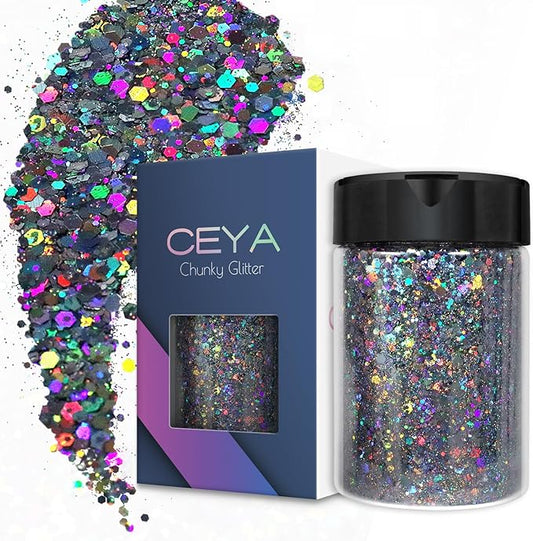 Ceya Holographic Chunky Glitter, 4.9oz/ 140g Silver Grey Craft Glitter Powder Mixed Chunky & Fine Flakes Iridescent Nail Sequins for Nail, Hair, Epoxy Resin, Tumblers, Slime, Painting, Festival Decor