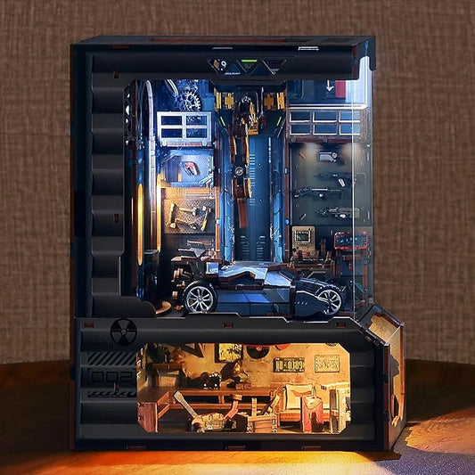 3D Wood Puzzle Book Nook Kit, Automobile Workshop Miniature Bookshelf Insert Décor with LED Lights, DIY Mechanical Model for Display, Unique Craft for Adults and Teens (Automobile Workshop)