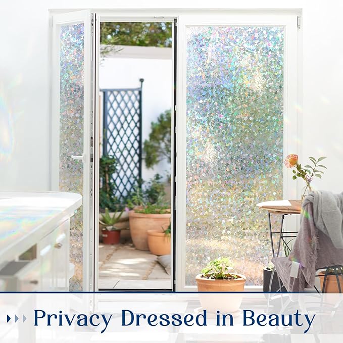 Haton Window Privacy Film, Rainbow Stained Glass Window Clings, 3D Decorative UV Sun Blocking Sticker, Removable Static Cling Heat Control Tint for Home Door, 35.4" x 157.4" Non-Adhesive