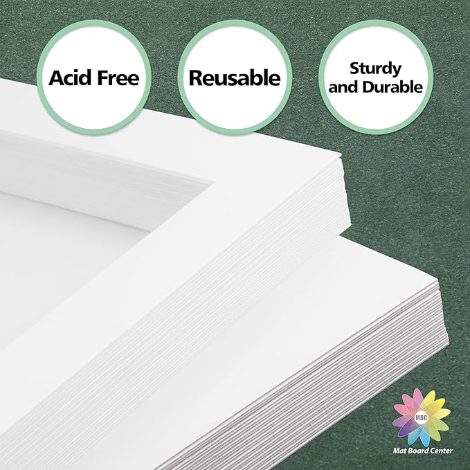 Mat Board Center, Pack of 25, 11x14 for 8x10 White Picture Mat Sets - Acid Free, 4-ply Thickness, Bevel Pre-Cut White Core - Includes Backing Boards and Clear Bags - for Pictures, Photos, Framing