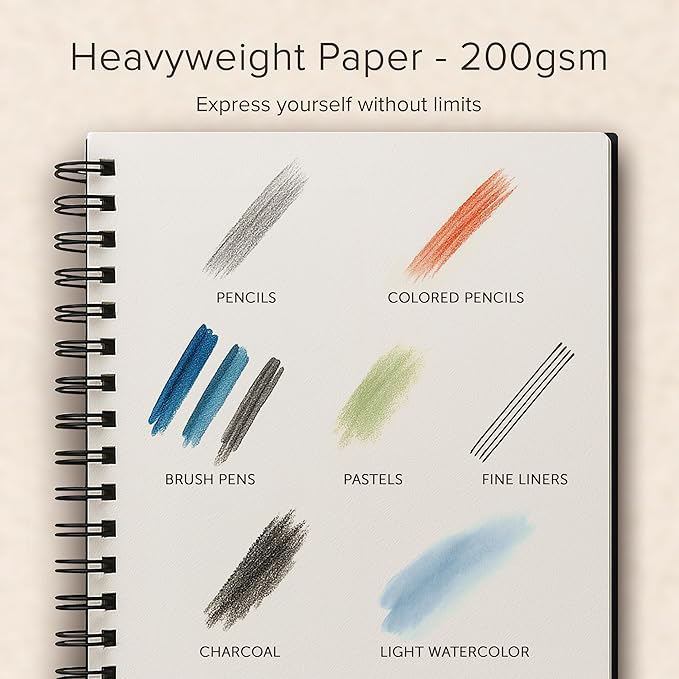 Artist’s Sketchbook Hardcover – 200GSM Very Thick Paper – Large, Spiral Sketch Book for Drawing and Mixed Media – Sketch Pad, Art Book - 11.4 x16.5, 40 Sheets / 80 Pages