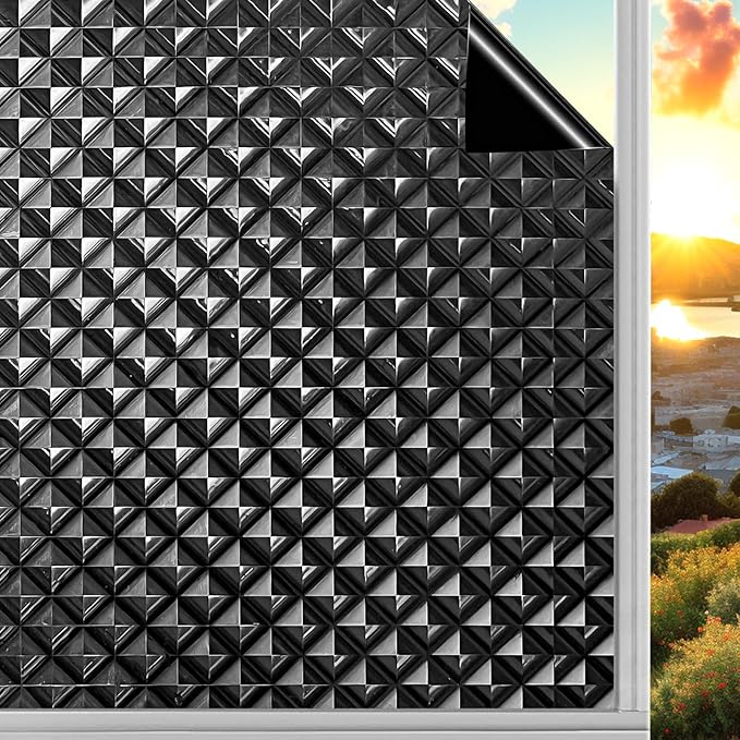 Qualsen Blackout Window Film, 𝟑𝐃 𝐕𝐢𝐬𝐮𝐚𝐥 𝐀𝐩𝐩𝐞𝐚𝐥 100% Light Sun Blocking Privacy Film for Glass Windows, Removable No Glue Black Out Window Tint for Home Day Sleep Garage 17.4×78.7inch
