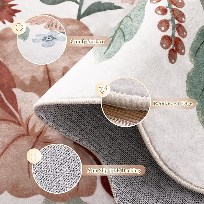 Beeiva 5 x 7 Area Rugs - Scalloped Floral Printed Beige Playroom Rug for Dorm Non Slip Washable Neutral Area Rug Soft Ultra-Thin Aesthetic Throw Carpet for Kids Room Nursery Living Room(Beige,5x7ft)