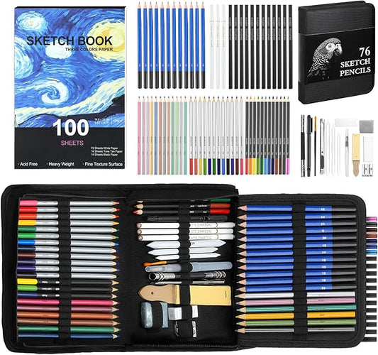 COOL BANK 76 Pack Art Supplies Sketching Kit with 100 Sheets 3-Color Sketchbook, Drawing Pencils Include Graphite Colored Charcoal Watercolor & Metallic Pencils, for Kids Adults Beginner Artists