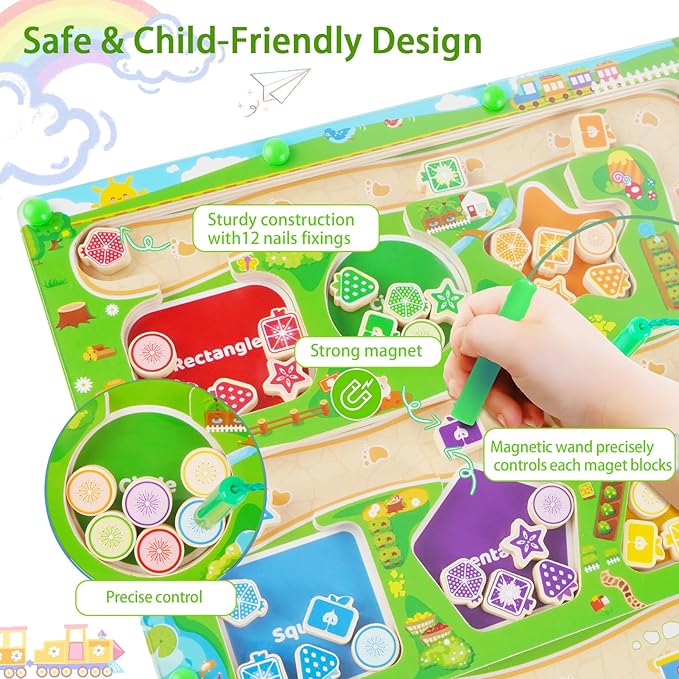 Magnetic Color & Shape Maze, Toddler Montessori Toys for 3 4 5 Year Old Girl Boy Birthday Gift, Magnetic Puzzles Board for Kids, Wooden Magnets Color Shape Sorting Toys, Preschool Learning Activities