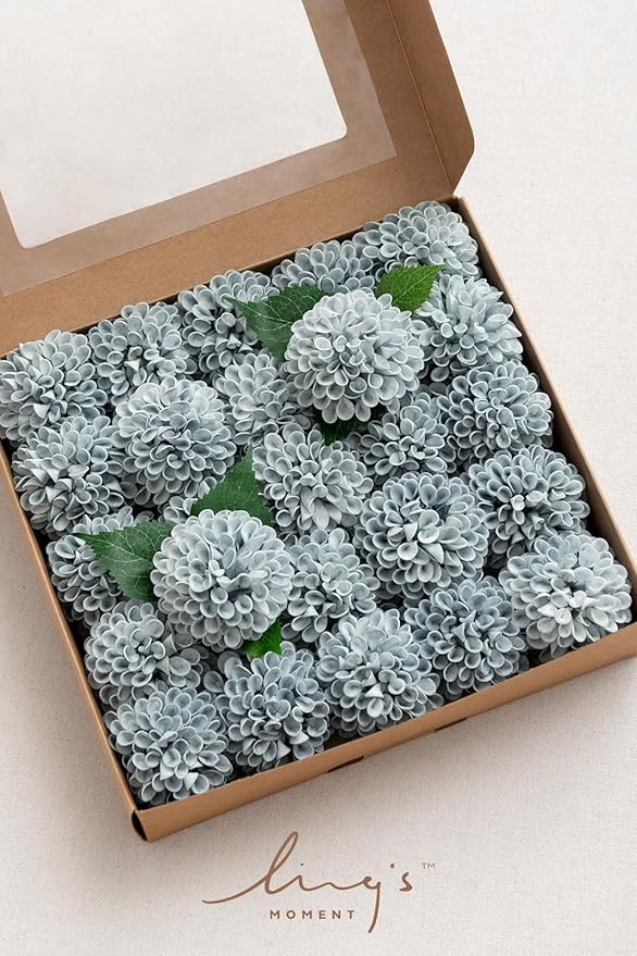 Ling's moment Dusty Blue Dahlia Foam Artificial Flowers Real Touch Faux Fake Flower for Home Decor Graduation Baby Shower Decorations Outdoors Party Favors Wedding Centerpieces Arrangements 25pcs