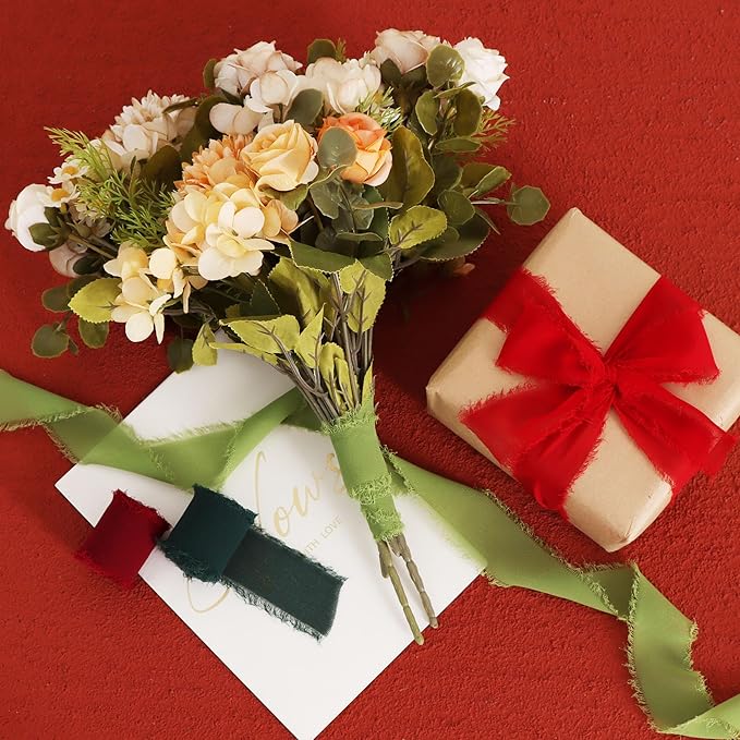 TONIFUL 4 Rolls Silk Chiffon Ribbon 1-1/2 Inch x 22 Yards, Red and Green Handmade Fringe Silk Ribbon Set for Gift Wrapping Flowral Bouquets Crafts Halloween Christmas Wreath Tree and Party Decoration
