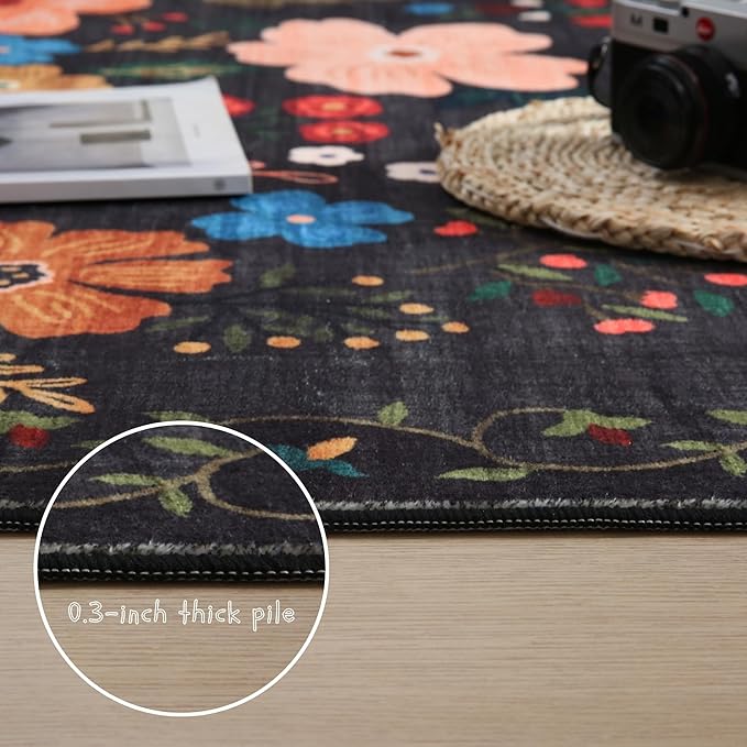 Rugcomf Area Rugs 9x12 Living Room Clearance Washable Boho Rug Non Slip Floral Vintage Low Pile Large Rug for Living Room, Bedroom, Farmhouse, Dining Room, Kids Playroom(Black)