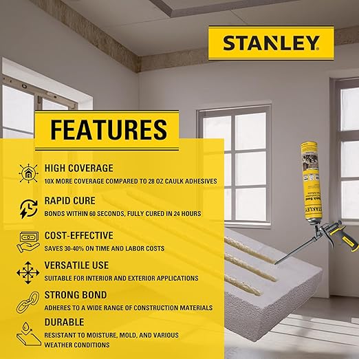 Stanley Quick Bond Adhesive Foam - 12x24oz, Reliable Bond Adhesive for Various Materials, Strong bonding, No Mixing, Gun Use, Including Gun, 2 Cleaners | 12 Pack