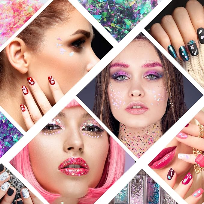 12 Boxes Mermaid Iridescent Chunky Glitter Flakes Chrome Nail Sequins Aurora Holographic Mermaid Nail Glitter Flakes Glitters Chunky Iridescent Flakes for Face Eyes Body Hair Nail Decoration