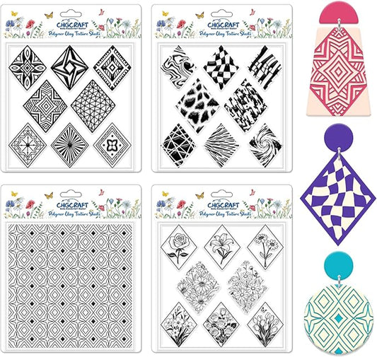 CHGCRAFT 4 Pcs Rhombus Pattern Polymer Clay Texture Sheets Abstract Art Silicone Texture Stamp Rhombus Flowers Modeling Pattern Pad Sheets for Jewelry and Earrings Tools, 5.5x5.5 inch