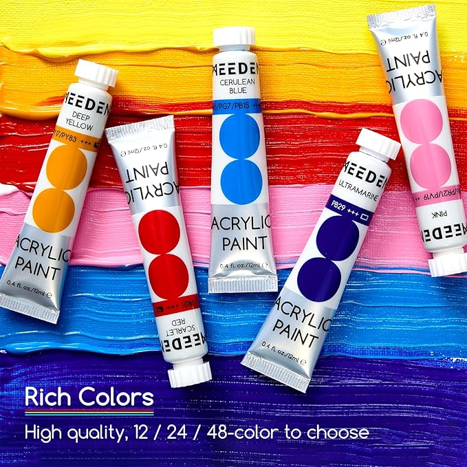 MEEDEN Beginners Acrylic Paint Set: 48 Colors 12ml/0.41 fl oz Heavy Body Starter Set - Non-toxic Rich Pigments Art Paint for Kids Adults Hobbists Painting on Canvas Wood Fabric Craft