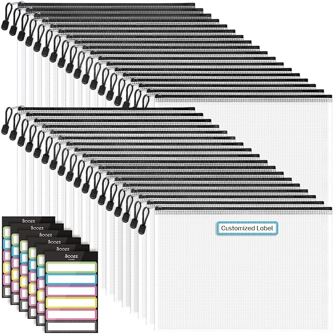 Sooez 36 Pack Mesh Zipper Pouch with Sticky Labels, A4 Mesh Bags Board Game Puzzles Organization Storage, Durable Letter Size File Folders Organizer Teacher School Classroom Office Supplies, Black