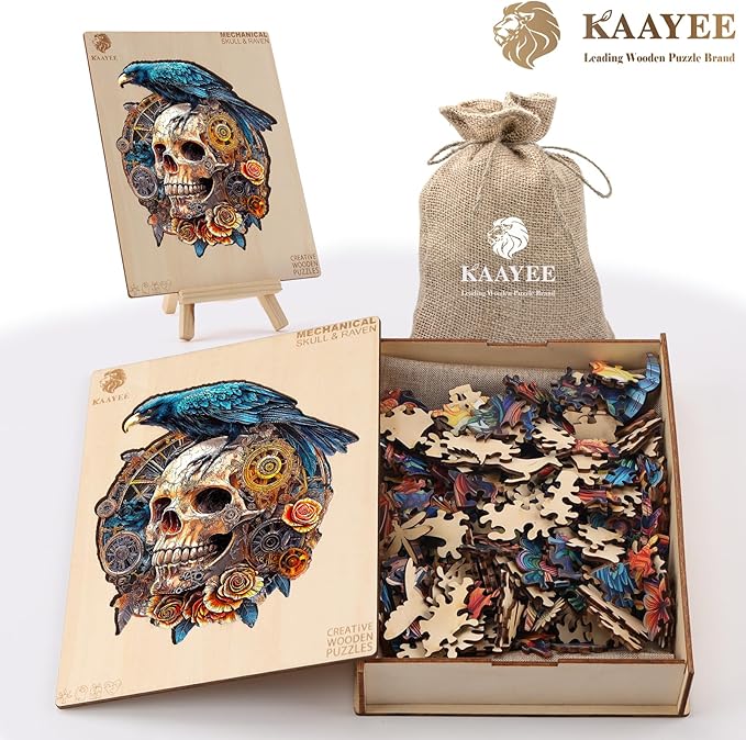 KAAYEE Wooden Puzzles for Adults, 3D Visual Effect Raven & Mechanical Skull Wooden Jigsaw Puzzle Unique Shape Wood Puzzle Adult, 3D Effect Flat Puzzle Birthday Family Games (M-11.4 * 10.1in-175pcs)