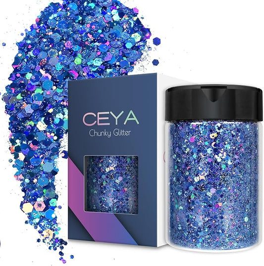 Ceya Holographic Chunky Glitter, 4.9oz/ 140g Royal Blue Craft Glitter Powder Mixed Chunky & Fine Flakes Iridescent Nail Sequins for Nail, Hair, Epoxy Resin, Tumblers, Slime, Painting, Festival Decor