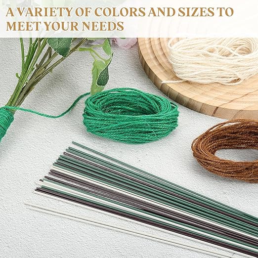 uxcell 50Pcs 2 Gauge Floral Wire, 15.75" Length Flower Stem Wires with 0.08" x 32.8ft Twine for Wreath Making, Flower Arrangement, Green