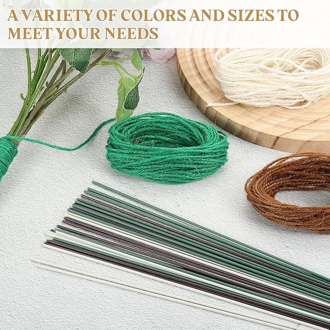 uxcell 50Pcs 2 Gauge Floral Wire, 15.75" Length Flower Stem Wires with 0.08" x 32.8ft Twine for Wreath Making, Flower Arrangement, White