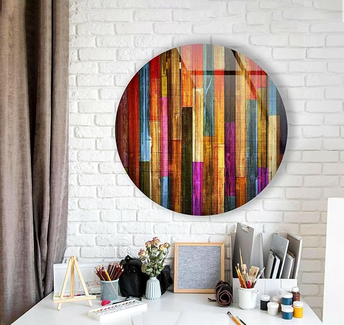 My Photostation.com 27.5''(70cm) Diameter Colorful Wood Pattern Round Glass Wall Art Tempered Glass Printing Wall Decor Large Wall Art Wall Hangings