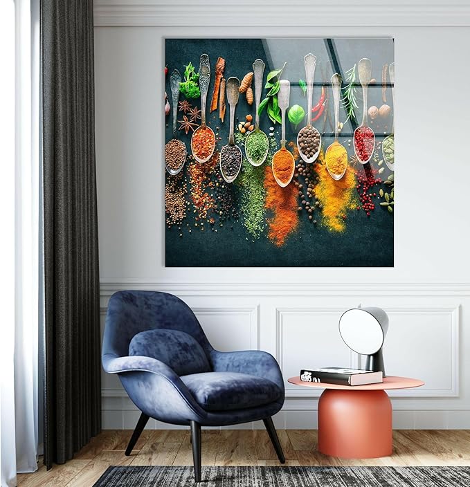 My Photostation.com 43Wx27H'' Spoon Spices Glass Wall ArtTempered Glass Printing Wall Decor Large Wall Art Wall Hangings