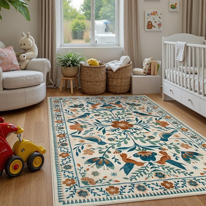 Morebes Floral Washable 5x7 Nursery Rug, Boho Insect Living Room Rug Non Slip, Vintage Jungle Bird Rug for Bedroom, Indoor Plant Floor Carpet for Playroom Foyer, Beige/Multi