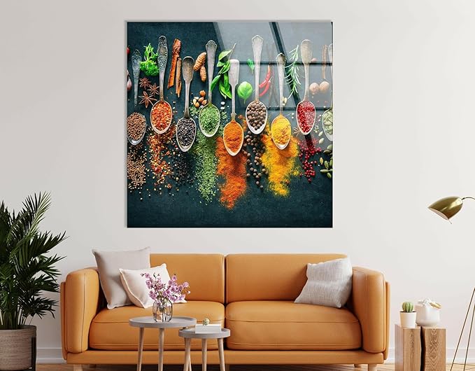 My Photostation.com 60WX40H'' Spoon Spices Glass Wall ArtTempered Glass Printing Wall Decor Large Wall Art Wall Hangings