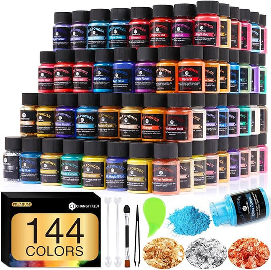 CHANGTIKEJI Mica Powder - 144 Colors - 10g/Bottle of Natural Pigment for Epoxy Resin，Eye Shadow,Car Freshies,Soap Making,Nail Polish,Candle Making,Bath Bombs