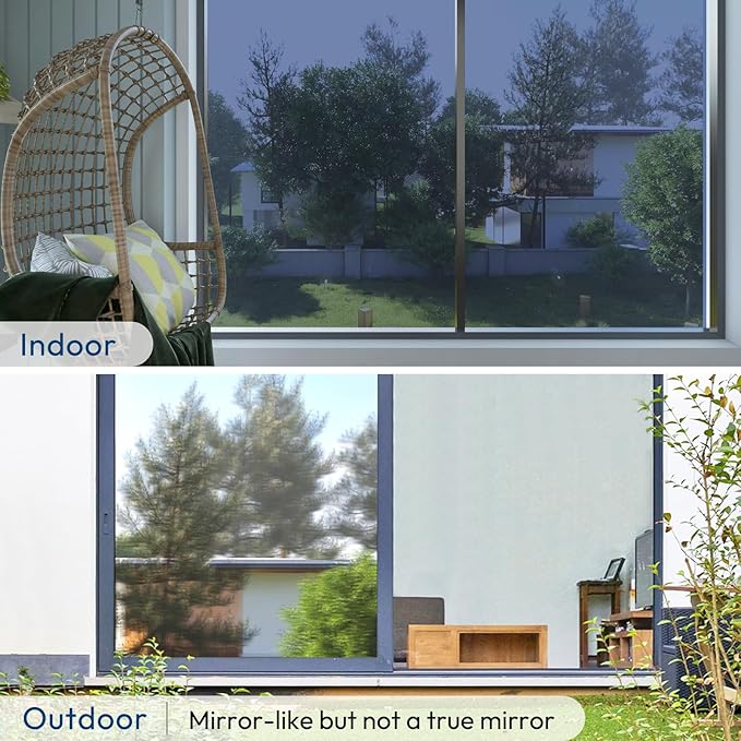 rabbitgoo Window Privacy Film One Way Window Tint for Home, Removable Reflective Heat Sun Blocking Anti UV Glass Door Covering, Mirror Tinting Film House Office, 17.5 in X 6.5 Feet, Blue Silver