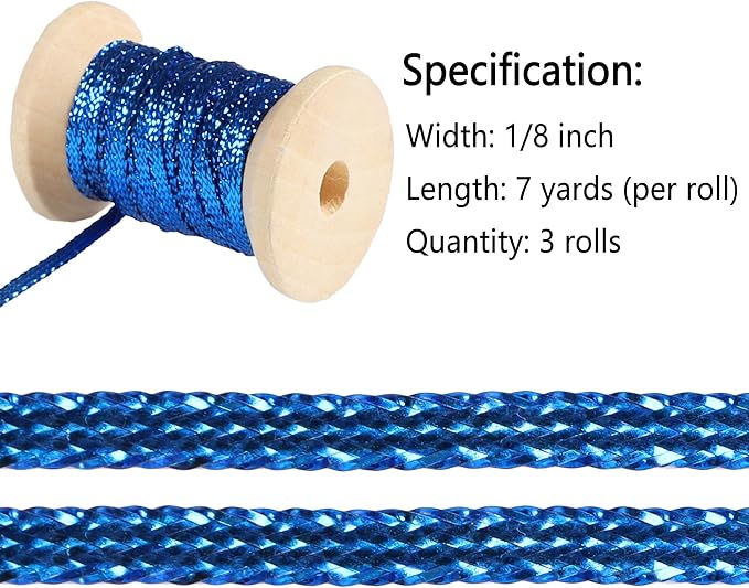 Royal Blue Gold Thin Ribbon 1/8 inch Metallic Braided Double Faced Ribbons Curling Ribbons For Balloon String Crafts Gift Wrapping Party Wedding Christmas Ornaments Decoration 7 Yard x 3 Rolls