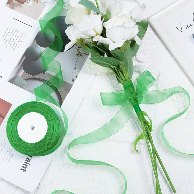Ribbon for Gift Wrapping 3/4 inch Green Sheer Organza Ribbon for Flower Bouquet Tulle Thin Chiffon Ribbons for Wedding Invitations Christmas Halloween Presents Decorations Crafts 50 Yards