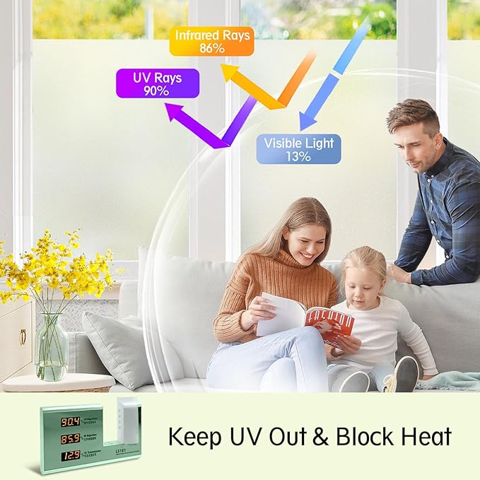 Frosted Glass Window Privacy Film - UV Sun Blocking Heat Control, Static Cling Removable & Reusable for Home, Bathroom, and Office (Frosted 45.2 Inch x 13.1 Feet)