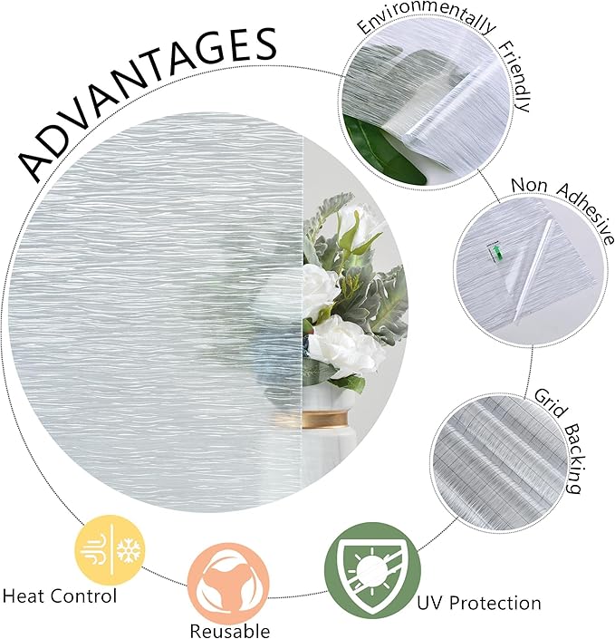 VELIMAX Frosted Window Privacy Film Non Adhesive Window Cling Removable Glass Covering Clear Water Opaque Window Film for Home Anti UV 35.4x78.7 inches