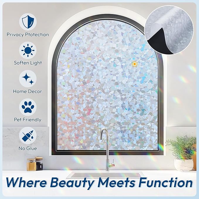 rabbitgoo Rainbow Window Privacy Film Decorative Stained Glass Diamond Pattern Window Sticker with Iridescent Tint Non-Adhesive Static Cling for Home Office Crystal Pattern, 35.4 x 118.1 inch
