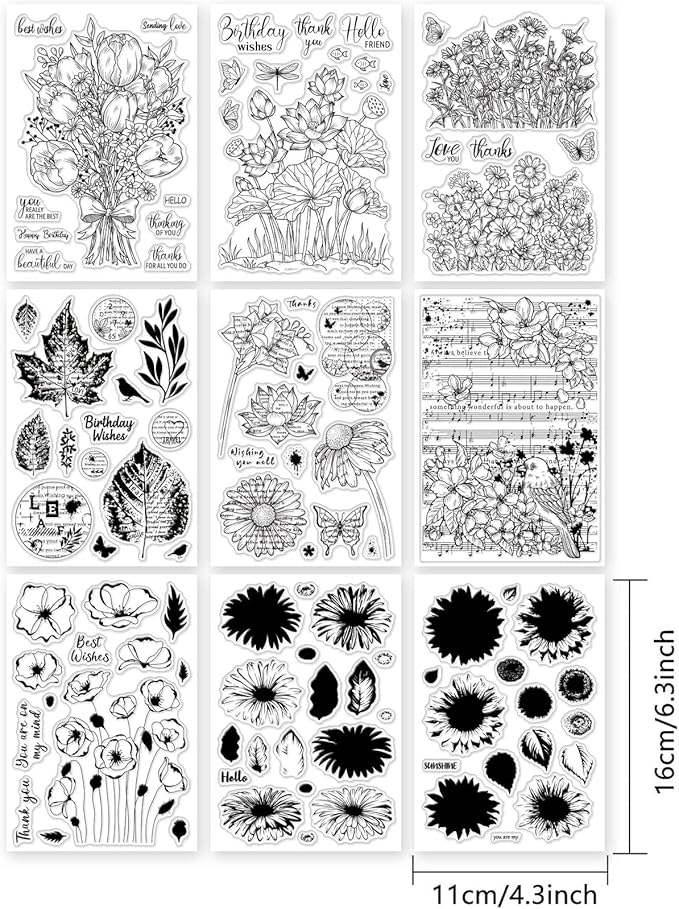 ORIGACH 9 Sheets Plants and Flowers Clear Stamps Silicone Transparent Stamps for Card Making Decoration and DIY Scrapbooking