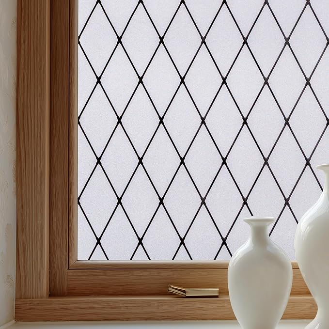 Window Privacy Film Decorative for Front Door, Bathroom Static Cling Stained Glass Sticker Opaque Heat Control UV Blocking Non-Adhesive for Home,Black Grid 17.5 x 78.7 inches