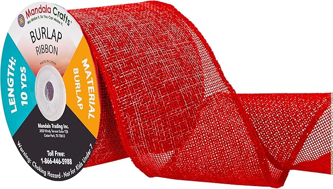 Mandala Crafts Red Burlap Ribbon 3 Inches Wide Jute Ribbons for Crafts - 20 Yds Roll Rustic Burlap Wrap Trim Ribbons for Wreaths Bows Wedding Party Decoration