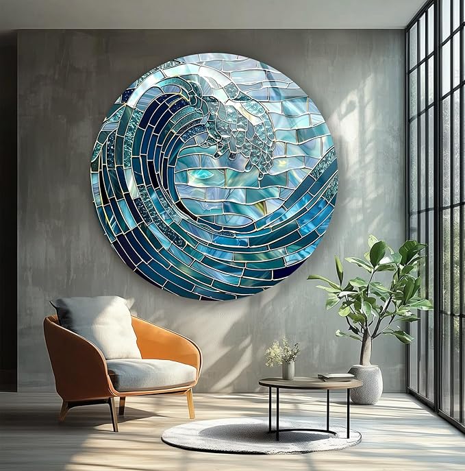 My Photostation.com 31.5''(80cm) Diameter Ocean Wave in Blue Mosaic Round Glass Wall Art Tempered Glass Printing Wall Decor Large Wall Art Wall Hangings