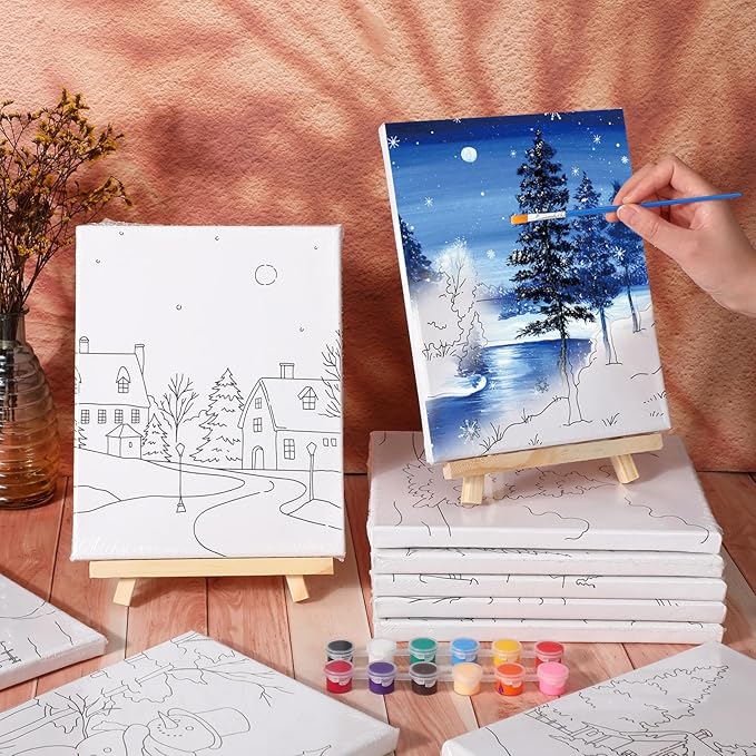 Zhanmai 12 Pack Pre Drawn Canvas for Painting Sip and Paint Kit 8" x 10" Paint Party Set Canvas Painting Pre Printed Canvases for Party Favor DIY Virtual Adult's Date Night (Winter Sonw)