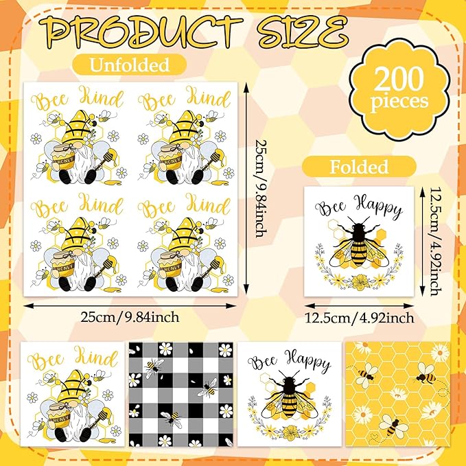 Fulmoon 200 Pieces Summer Bee Cocktail Napkins Disposable Decorative Decoupage Beverage Paper Napkins Bulk Dessert Towel for Summer Tea Party Dinner