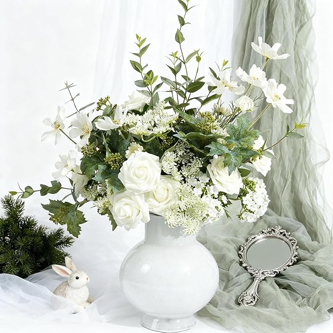 Artificial Flowers Foam Fake Roses 25pcs White Roses with Stems for Home Decor DIY Wedding Bouquets Party Bridal Shower Centerpieces Faux Flower Arrangements Tables Decorations