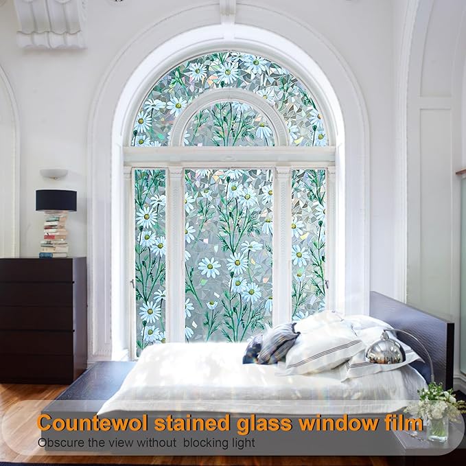 Window Privacy Film Stain Glass Window Film Rainbow Window Film Window clings Non-Adhesive Reusable Decorative for Room (Daisy Rainbow, 17.5 x 78.7 in)