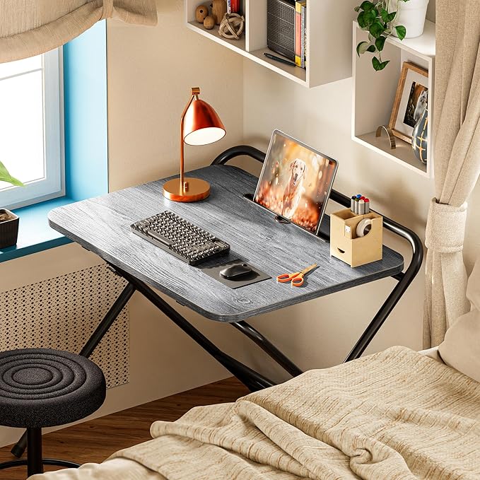 Huuger Folding Desk with 3-Level Adjustable Height and Tablet Slot, 24 Inch Foldable Computer Desk for Small Spaces, Space Saving, Writing Work Table for Home Office, Bedroom, Study, Grey