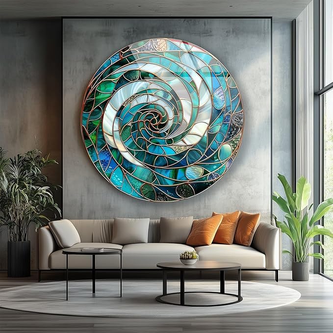 My Photostation.com 20''(50cm) Diameter Aqua Spiral Harmony Round Glass Wall Art Tempered Glass Printing Wall Decor Large Wall Art Wall Hangings