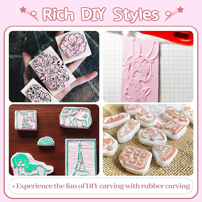 4 Pack Rubber Block Stamp Carving Blocks,Rubber Carving Linoleum Blocks with Cutter Tools,Rubber Brayer Roller for Stamp Maker,Printmaking and More Crafts