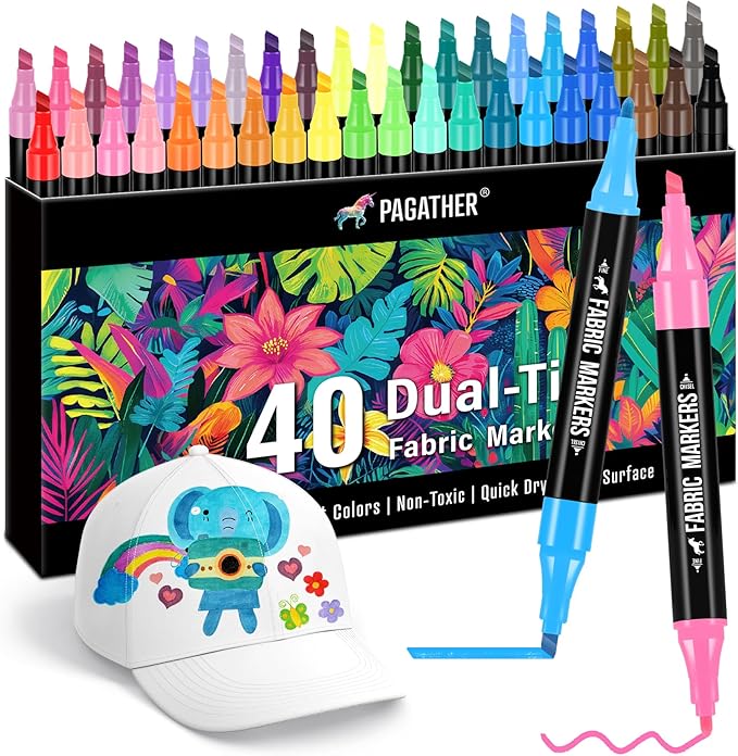 Fabric Markers Permanent for Clothes, 40 Colors Dual Tip with Fine and Chisel Tips Paint Pens for Clothing Canvas Tote Bags T-Shirt and Shoes, Non Toxic Ink for Kids and Adults