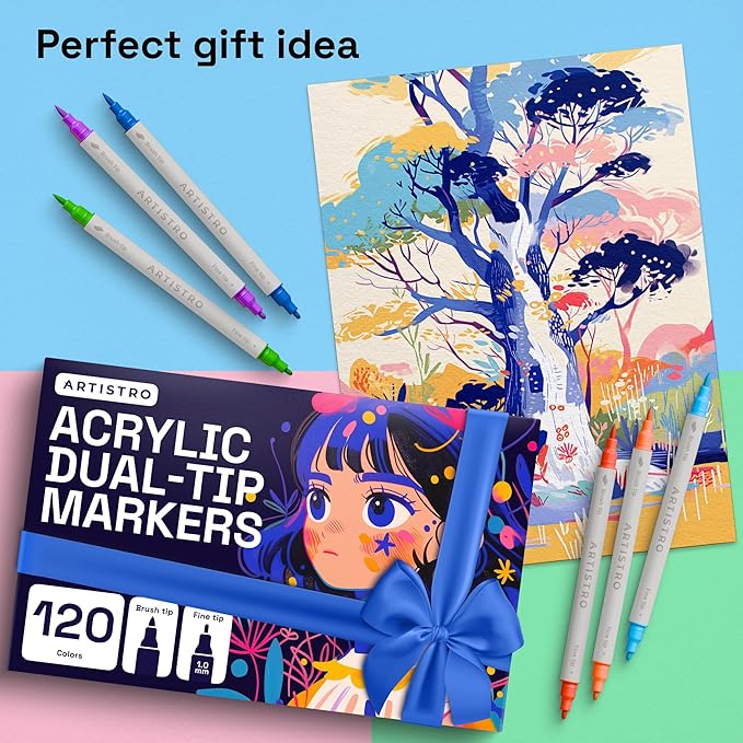 ARTISTRO 120 Dual Tip Brush + Fine Acrylic Paint Markers - Easy for All Ages & Levels Paint Pens for Fabric, Rock, Glass, DIY - Halloween Pumpkin Painting Kit, Art Supplies, Christmas Gift