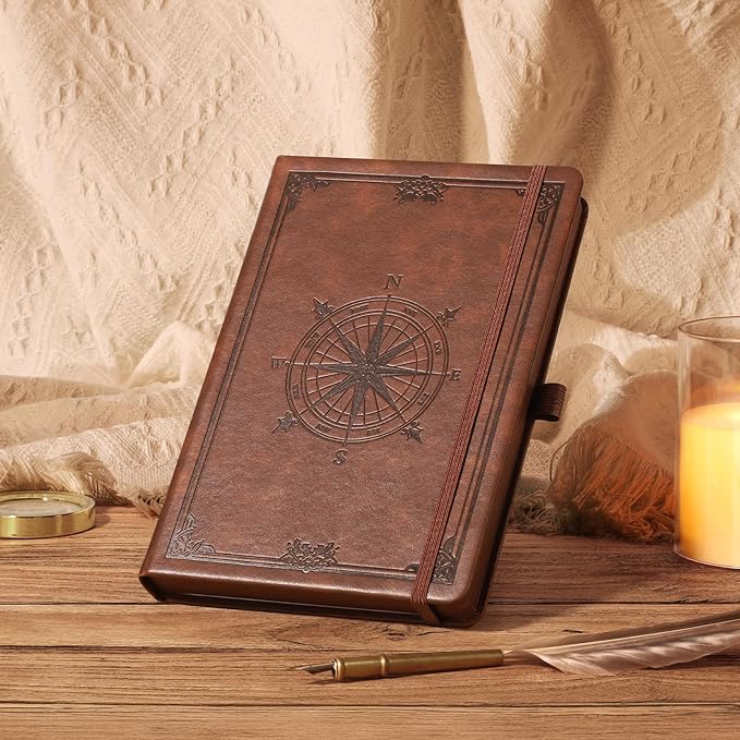 AHGXG Thick Journal Dotted Notebook for Men - 320 Numbered Pages A5 Notebook for Writing, 100gsm Dot Paper, Vintage Leather Hardcover, for Women Work Office School, 5.75'' X 8.38''- Brown