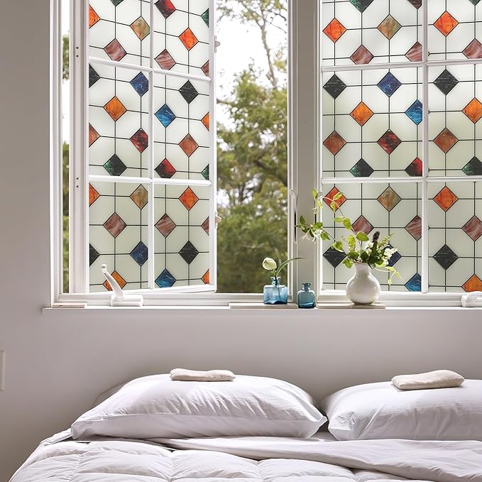 DKTIE Stained Glass Window Film Geometric Patterns, Fine Frosted Window Clings for Glass Windows, Waterproof for Bathroom Window Privacy Film Day and Night (S533, 35.4in X 118.1in)
