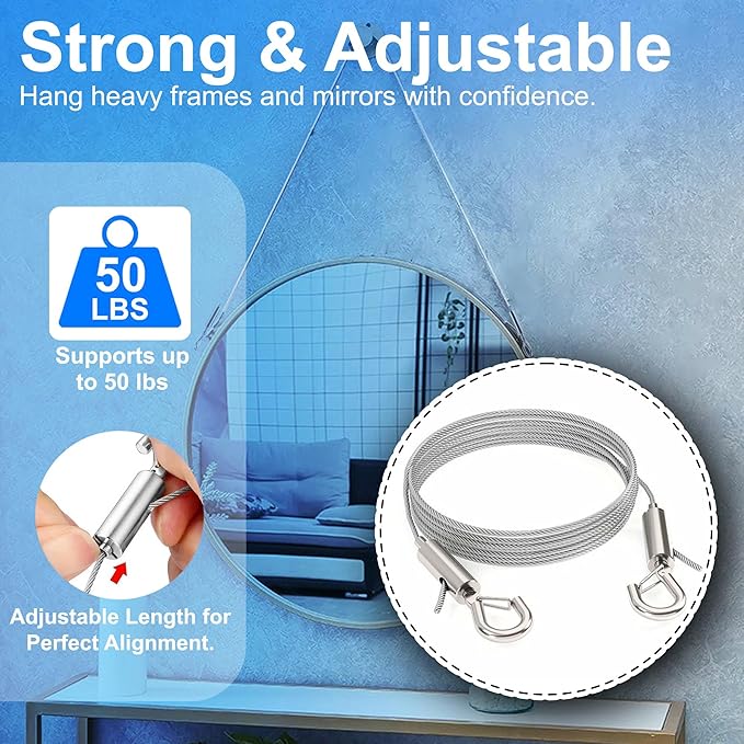 Picture Hanging Kit for Frames & Mirrors - Picture Hanging Wire Kit, 4 pcs Adjustable Wire 2 m (6.56 ft) x 1 mm with Clips, 50 lb; 8 3-Hole D-Ring Hangers; Braided Heavy Duty Cord; Wall Hardware, Art