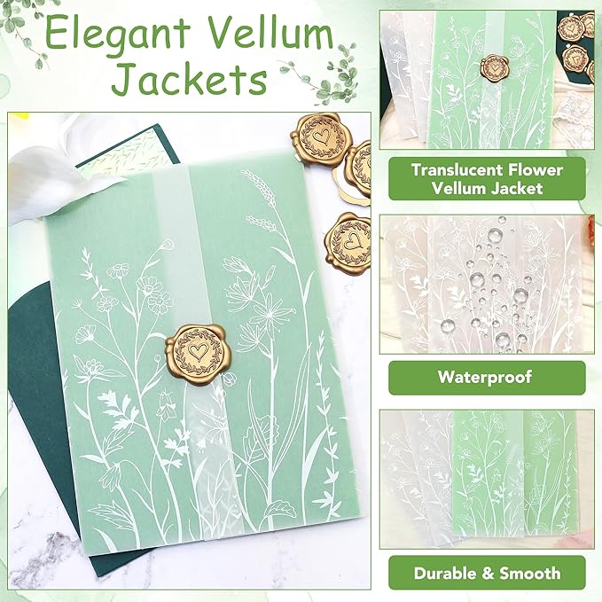 SWANGSA 100 Pack Vellum Jackets for 5x7 Invitations, Elegant White Wildflower Vellum Paper, 115GSM Translucent Invitation Sleeve Wraps for Wedding Bridal Baby Shower Birthday Envelopes